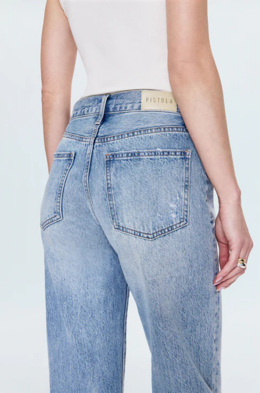 Faded straight leg jeans
Mid rise bowed straight leg jeans
No stretch
Button and zipper fly
Five pocket construction
Rise: 10" / Inseam: 29" / Leg Opening: 17.5"
Cotton
mid to light wash denim jeans