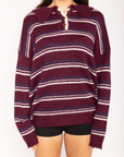Fuzzy striped collared oversized sweater
Long sleeve
3/4 button up closure
Unlined
burgundy striped knit sweater