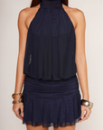 navy blue Mesh halter neck mini dress
Adjustable neck tie
Ruched bodice
Low back
Lined