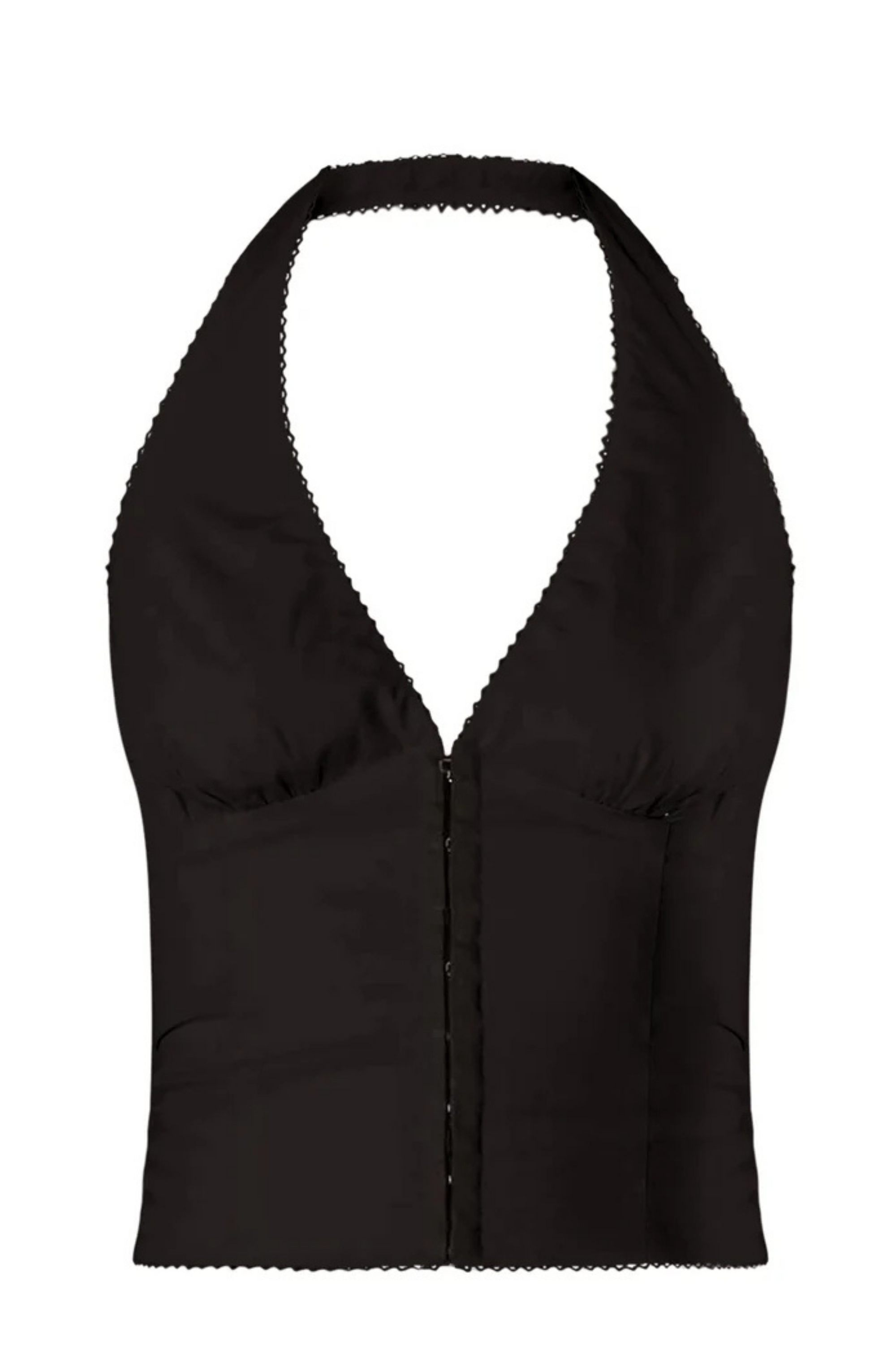 black Poplin halter corset top
Deep V neckline
Scallop edge trim
Hook & eye detail at front
Side zipper closure
Lined