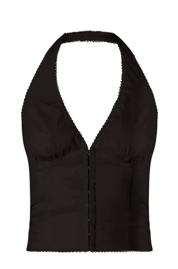black Poplin halter corset top
Deep V neckline
Scallop edge trim
Hook & eye detail at front
Side zipper closure
Lined