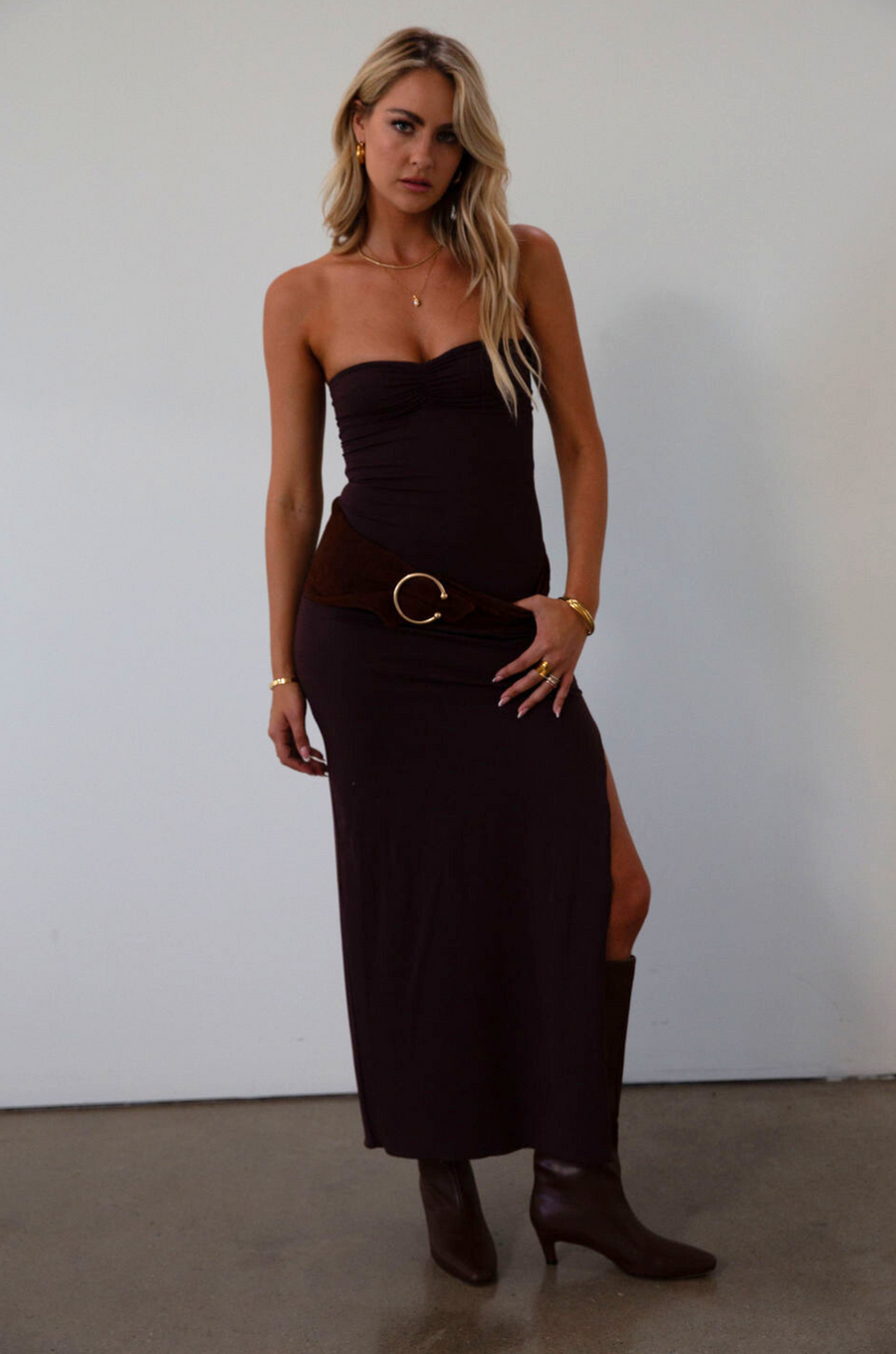 Knit maxi dress. Strapless neckline. Ruched front. Side slit. Partially lined. dark brown maxi dress. fall outfit. fall dress. 