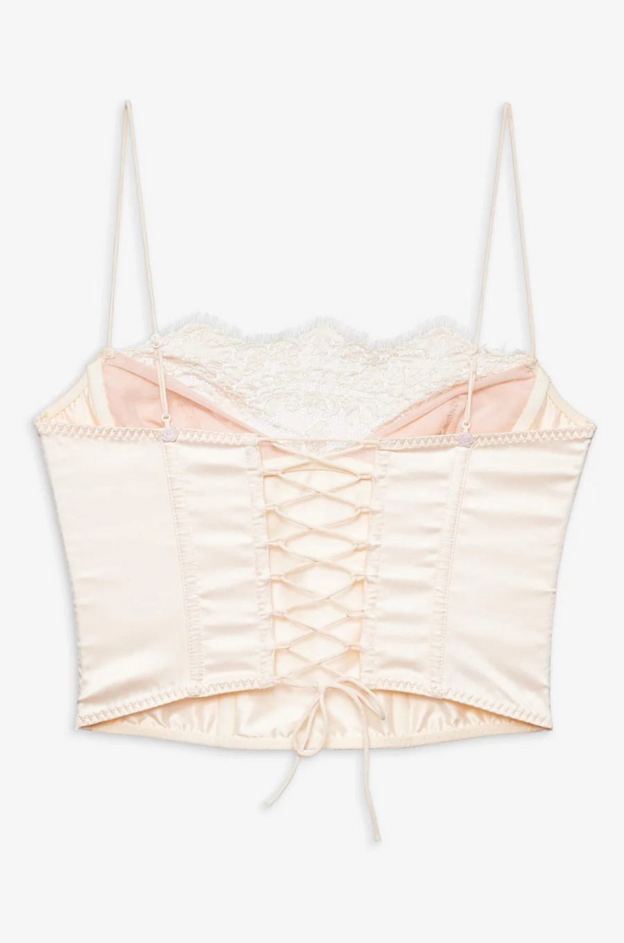 cream Sleek satin bustier with lace detailing
Fully boned bodice
Adjustable lace-up back
Skinny tie bow
Rosette adornments
Lined at cups
Adjustable shoulder straps
Polyester/Elastane
cream ligneire bustier top