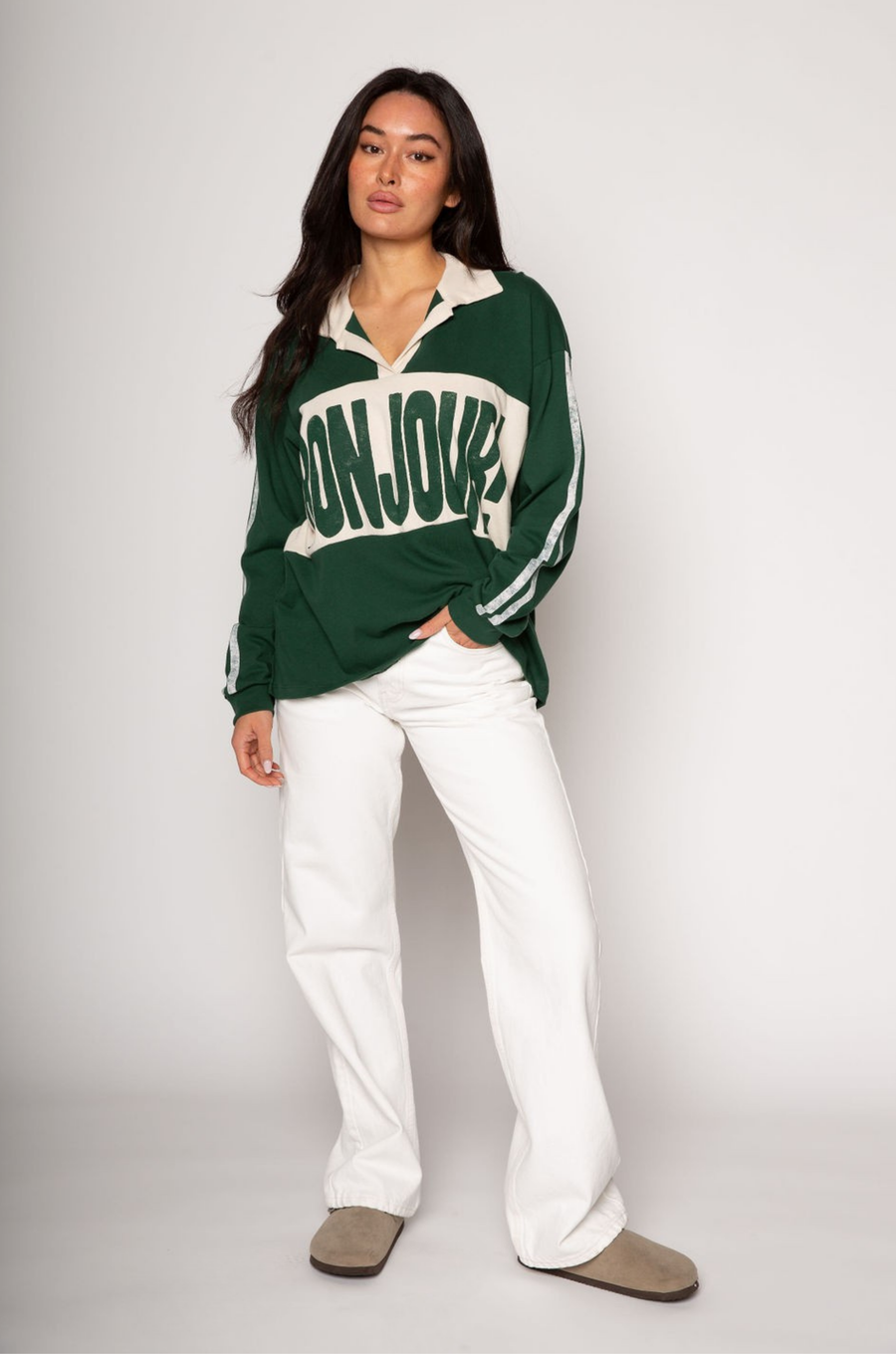 Graphic printed knit top. Collar neckline. Long sleeves. Unlined. green graphic long sleeve tee. bonjour tee
