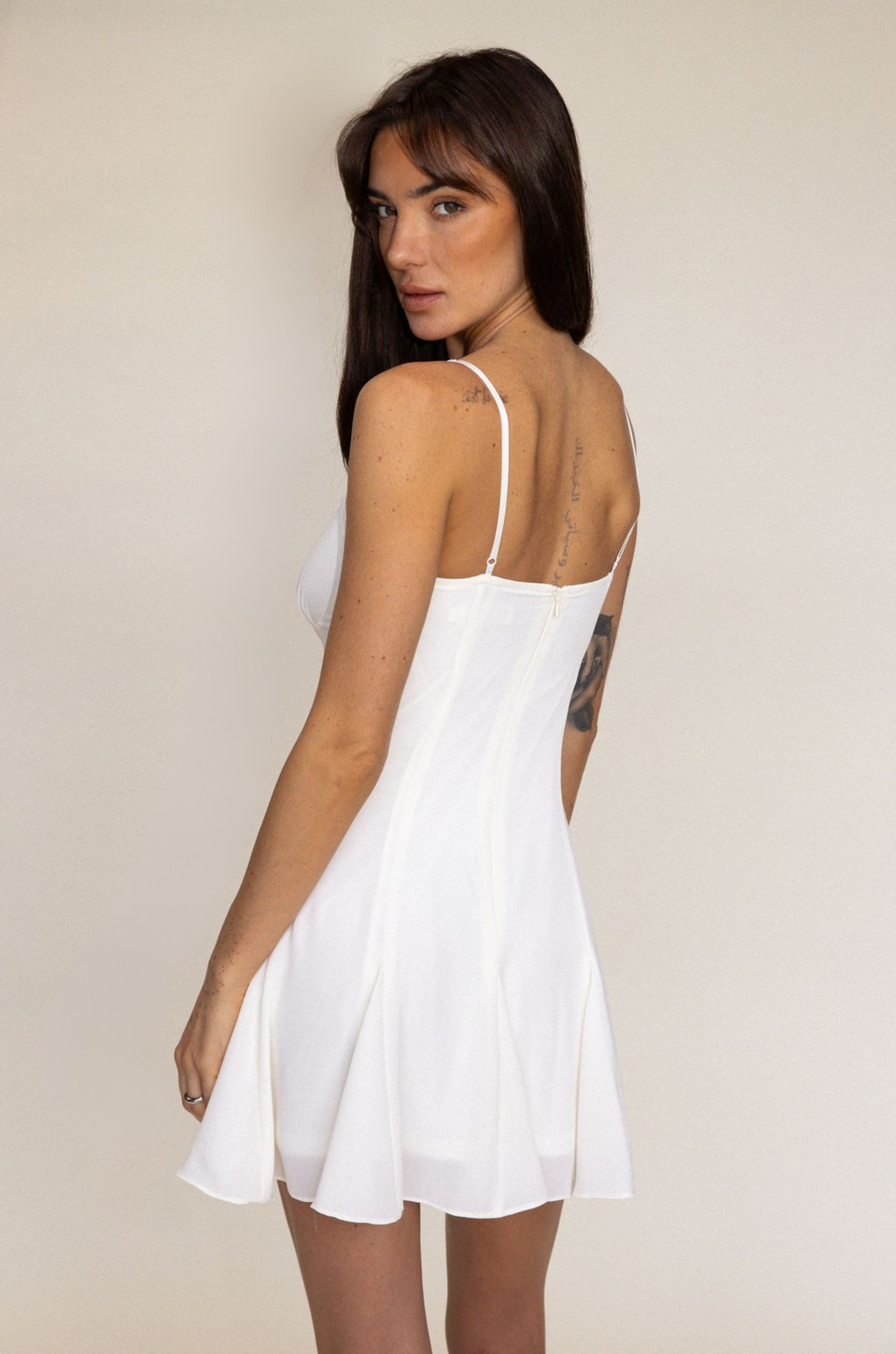 white cream Chiffon mini dress
Scalloped trim
Faux front tie
Adjustable straps
Back zipper closure
Lined
bridal outfit
bridal dress
bachelorette dress 
summer dress
spring dress