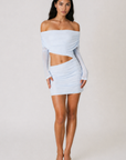 Mesh long sleeve mini dress
Fold over
Cinched sides
Side opening
Lined
blue mesh mini wedding guest dress