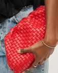 red Woven clutch bag
Detachable chain strap
Snap frame closure
Inner zipper pocket
red bag clutch