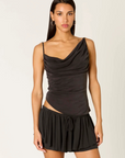Sleek, body-hugging tank top
Draped cowl neckline
Asymmetric silhouette
Soft gathered draping across the bust and an angled hem
Adjustable spaghetti straps
Ruched detailing
black tank top