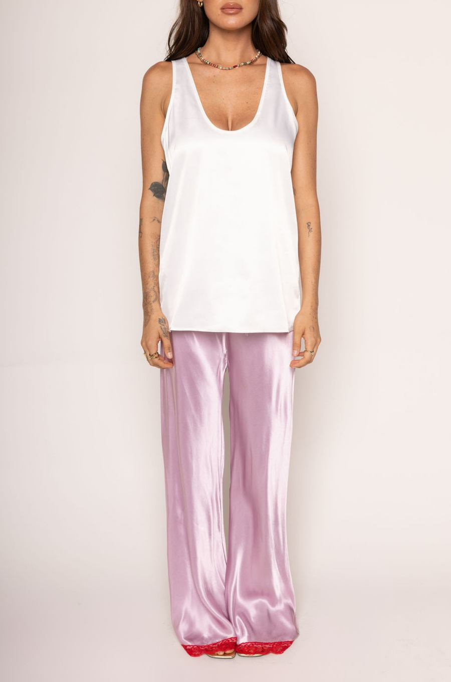 pink Satin pants
red Lace trim
Adjustable tie waistband
Unlined
Cute lounge pants
dressed up loungewear