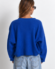 blue Fuzzy knit cardigan
Crewneck
Front button down closures
Long sleeves
Unlined
dodger blue sweater