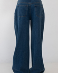 blue Wide leg denim pant
Hidden waistband with adjustable drawstring
5 pocket construction
Button closure
Unlined
Cotton/Polyester