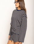TOP
Striped long sleeve top
Crewneck top

BOTTOM
Striped mini shorts
Elastic waistband
Adjustable drawstring

navy and taupe striped short and long sleeve top
cute lounge wear