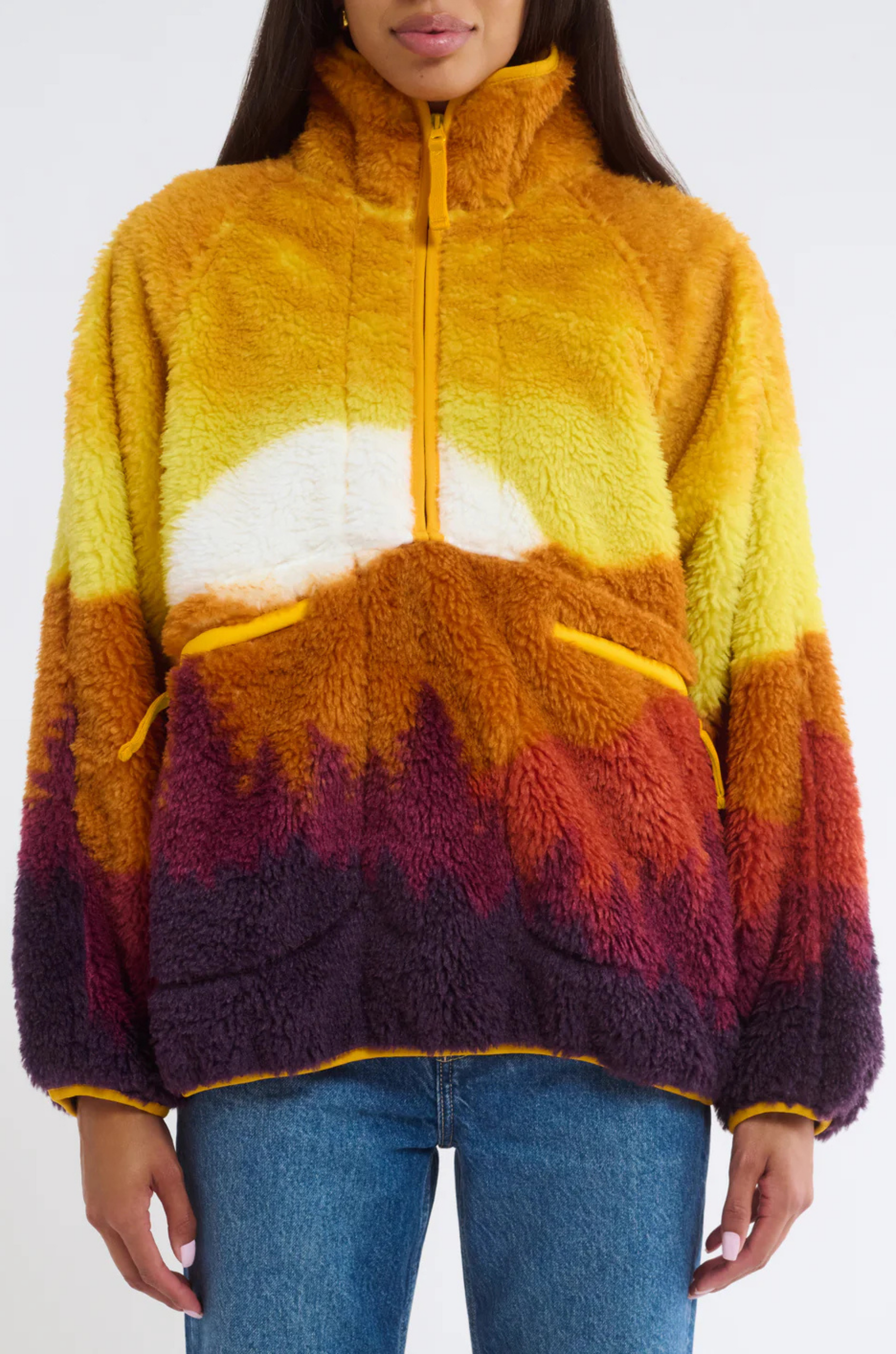 Plush Sherpa Jacket
Jersey bonded
Soft fuzzy interior
Contrast yellow nylon accents
Zip front henley with collar
Raglan sleeve
Zipper pockets at waist
Polyester
sunset jacket
mountain jacket
sherpa jacket