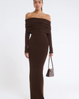 Knit maxi dress. Folded neckline. Long sleeves. Unlined. brown maxi dress. fall dress. fall outfit. off the shoulder maxi dress