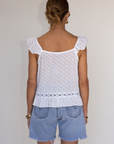 white Eyelet woven top
Button down closure
Lace detailing
Flare hem
Partially lined
summer top