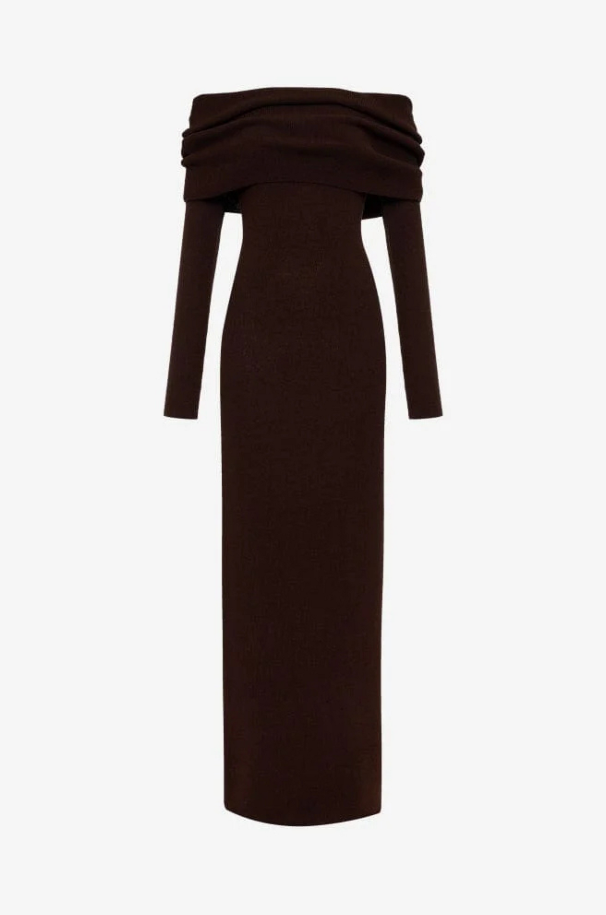 Knit maxi dress. Folded neckline. Long sleeves. Unlined. brown maxi dress. fall dress. fall outfit. off the shoulder maxi dress