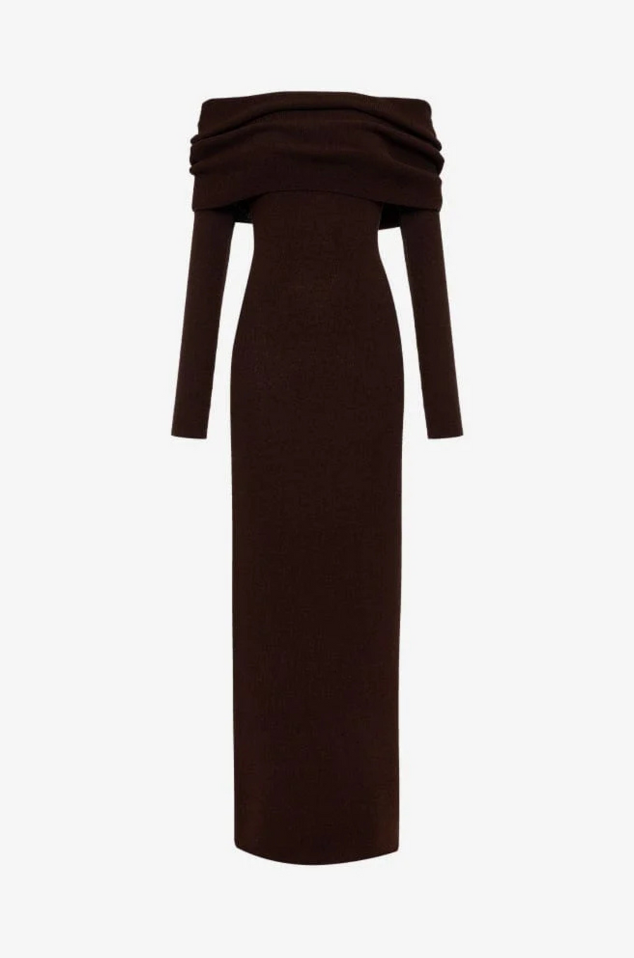 Knit maxi dress. Folded neckline. Long sleeves. Unlined. brown maxi dress. fall dress. fall outfit. off the shoulder maxi dress