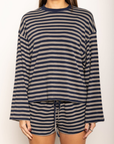 TOP
Striped long sleeve top
Crewneck top

BOTTOM
Striped mini shorts
Elastic waistband
Adjustable drawstring

navy and taupe striped short and long sleeve top
cute lounge wear