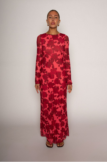 Floral printed knit mesh maxi dress. Long sleeves. Back keyhole with button closure. Fully lined. wedding guest maxi dress. floral maxi dress. red floral maxi dress. sheer maxi dress