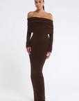 Knit maxi dress. Folded neckline. Long sleeves. Unlined. brown maxi dress. fall dress. fall outfit. off the shoulder maxi dress