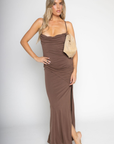 Halter maxi dress
Cowl neck
Adjustable crossover back straps
Waistband detail
Side slit
brown maxi dress
brown fall wedding guest dress