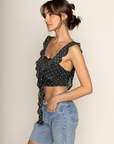 Polka dot mesh cropped tank top
Cascading ruffles
Sheer lace pane
V-neckline
Sleeveless
polka dot crop top
going out top