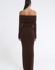 Knit maxi dress. Folded neckline. Long sleeves. Unlined. brown maxi dress. fall dress. fall outfit. off the shoulder maxi dress