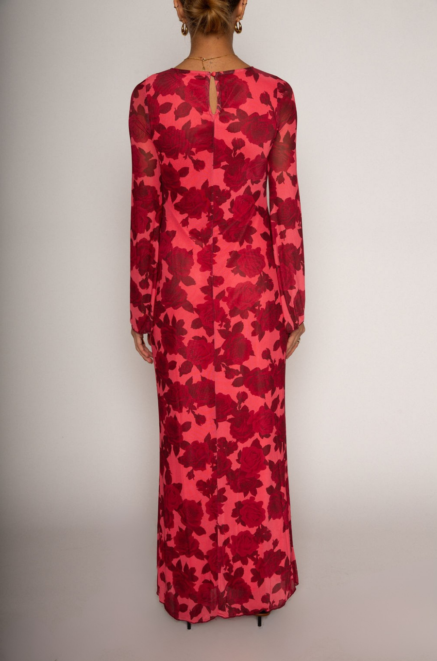 Floral printed knit mesh maxi dress. Long sleeves. Back keyhole with button closure. Fully lined. wedding guest maxi dress. floral maxi dress. red floral maxi dress. sheer maxi dress