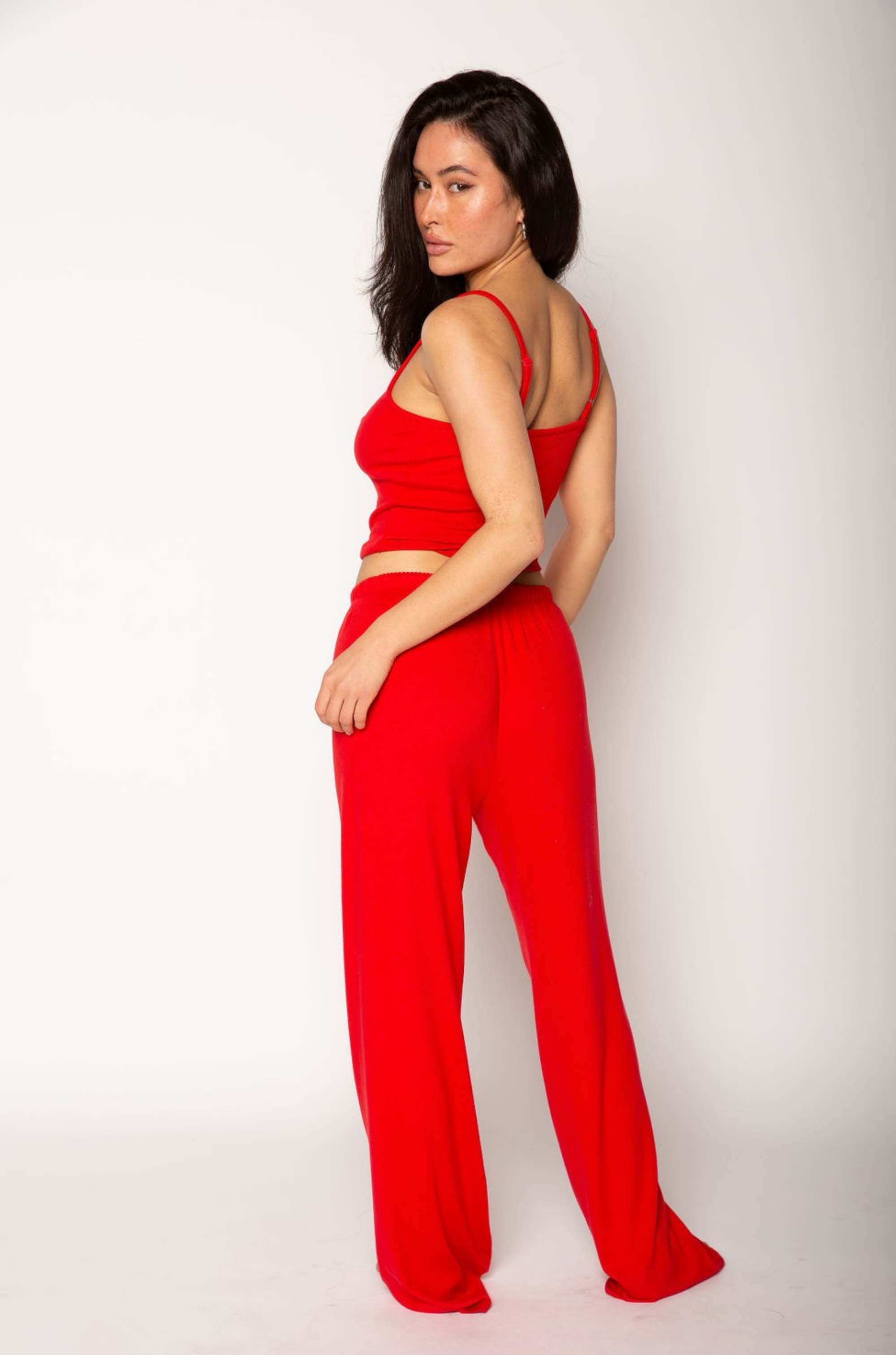 Soft knit pants. Elastic waistband. Unlined. red loungewear pants. soft lounge pants. valentines day outfit. valentines day loungewear