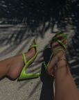 Two strap green heel. Slip on. Square toe. Heel height 4.5".