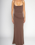 Halter maxi dress
Cowl neck
Adjustable crossover back straps
Waistband detail
Side slit
brown maxi dress
brown fall wedding guest dress