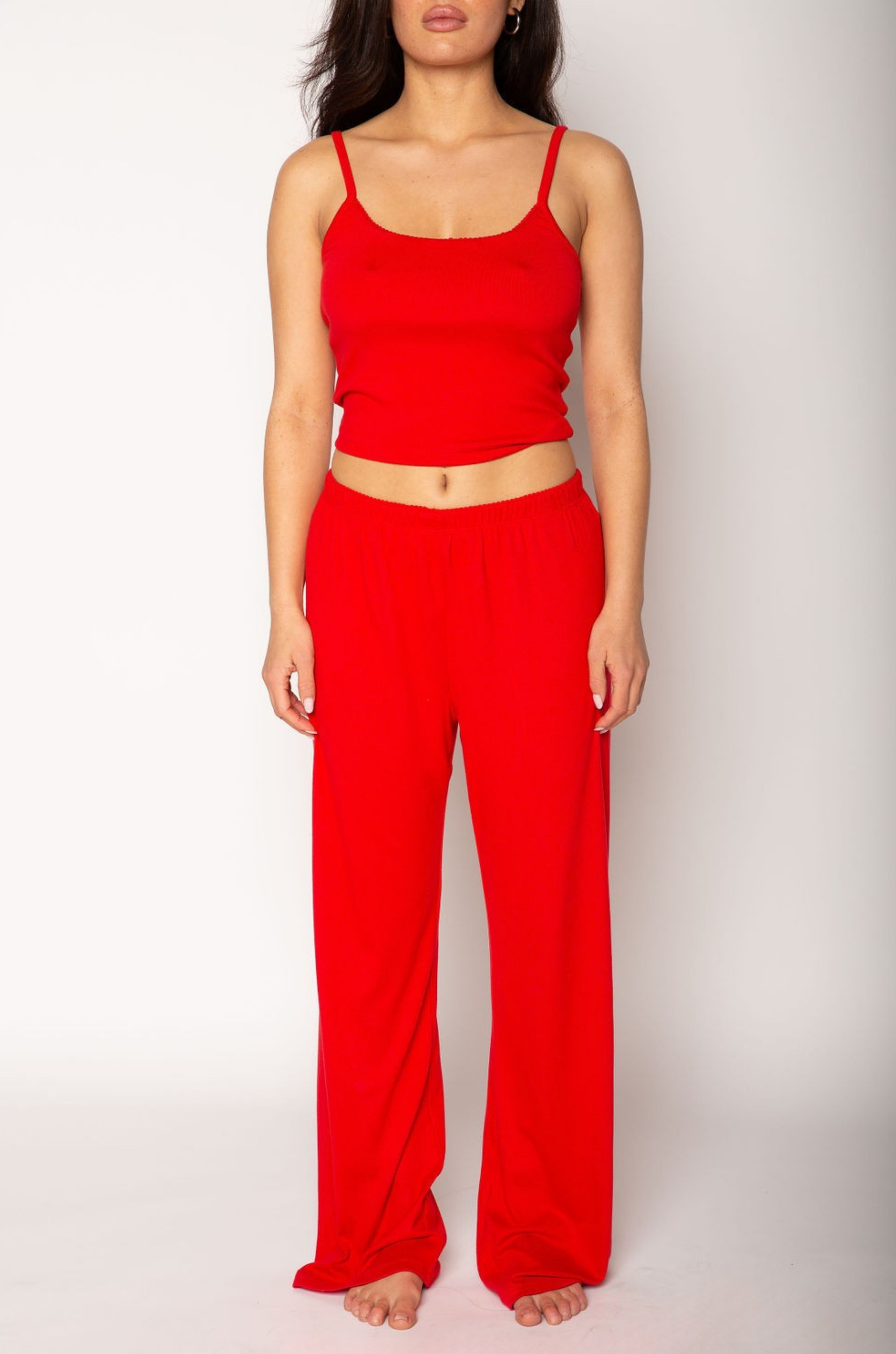 Soft knit pants. Elastic waistband. Unlined. red loungewear pants. soft lounge pants. valentines day outfit. valentines day loungewear