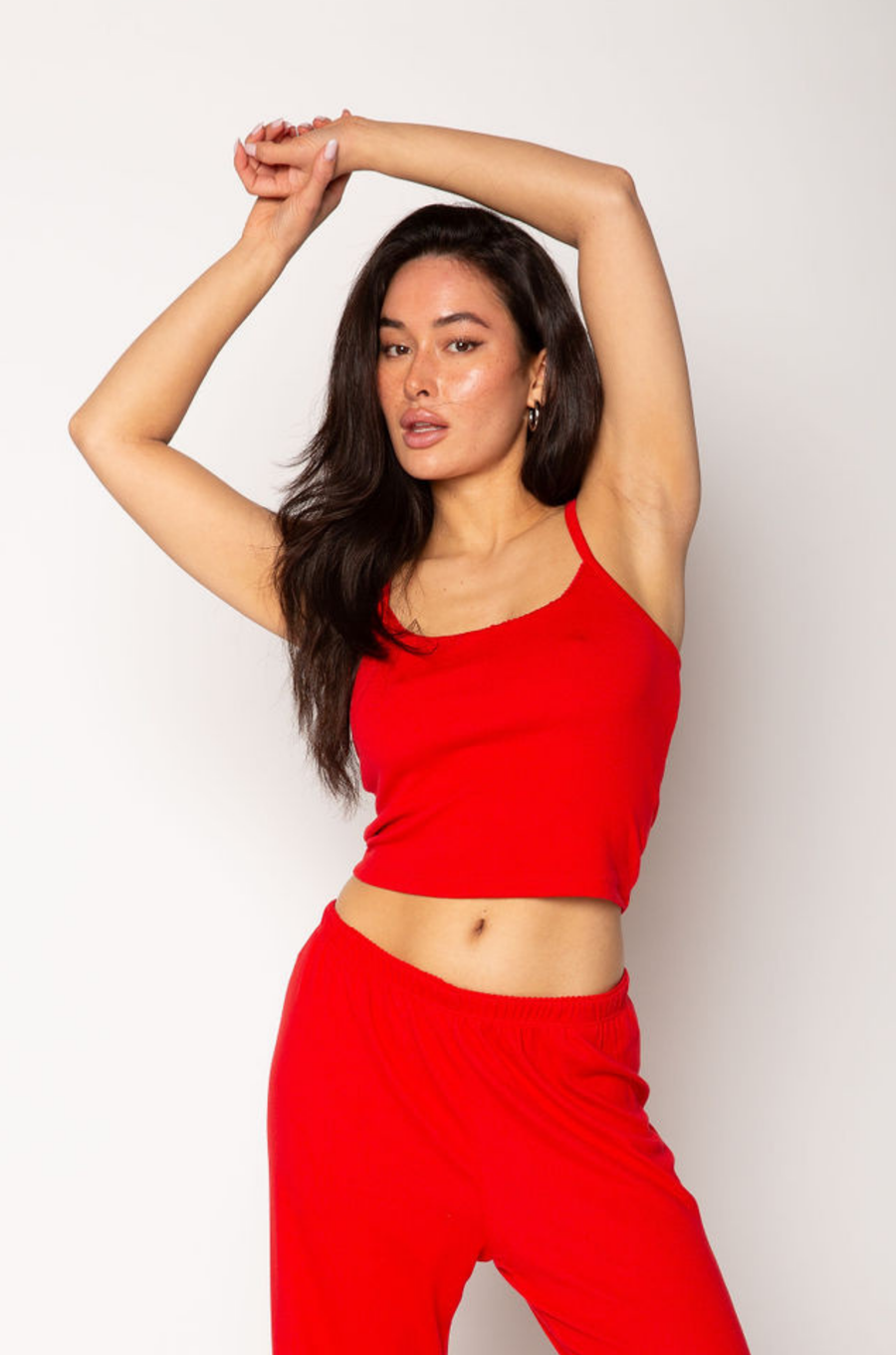 Knit crop tank. Adjustable straps. Built in bra. red cami tank. red lounge tank. red loungewear top. valentines day loungewear