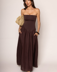 brown Strapless maxi dress
Fully lined bodice in butter soft knit
Flowy midi linen length skirt with pockets
brown wedding guest dress
fall wedding guest dress