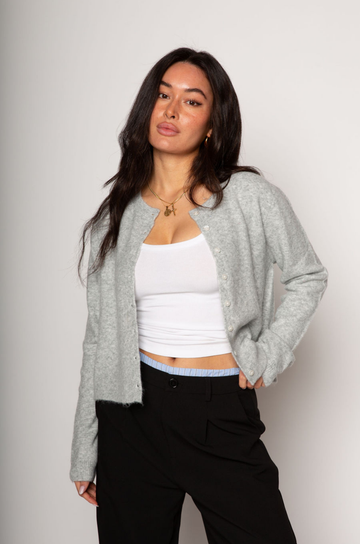 Fuzzy knit cardigan. Front button down closures. Unlined. grey knit cardigan. grey oversized cardigan