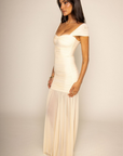 Mesh off the shoulder maxi dress
Rouched bodice
Back zipper closure
Partially lined in nude pink fabric
Partially sheer
cream colored maxi dress
butter yellow half sheer maxi dress
yellow wedding guest dress