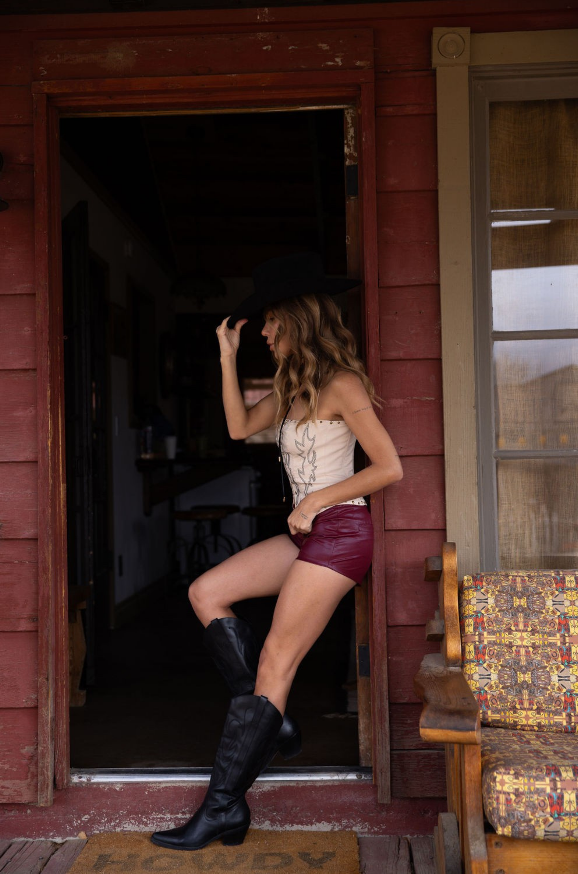 Embroidered knit corset
Adjustable halter tie neck
Front lace up closure
Back hook and eye and zipper closures
Fully lined
Studded details
Coachella outfit
Stagecoach outfit
Festival Outfit