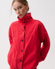 red Funnel neck jacket
Front button down closure
Draped fit
Length: 27"
Cotton
