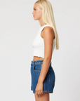 High rise, loose fit denim shorts
medium wash denim shorts
Crafted with a comfort rigid denim meaning they will be fitted when first worn and will slowly soften and mold to your body after wash &amp; wear
Zip fly