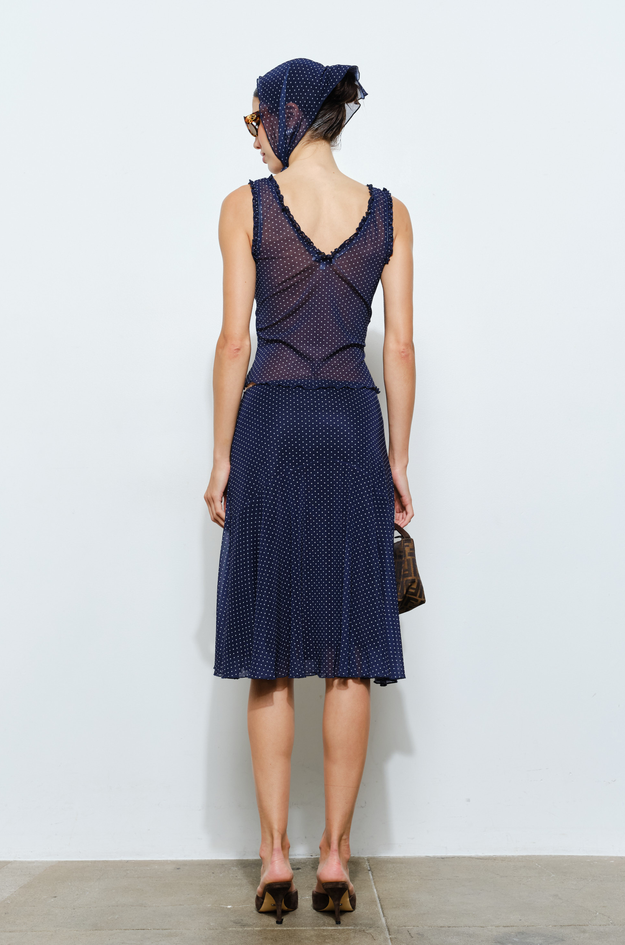 Mesh polka dot midi skirt
Scalloped elastic waistband
navy blue polka dot skirt
fall skirt fall outfit
