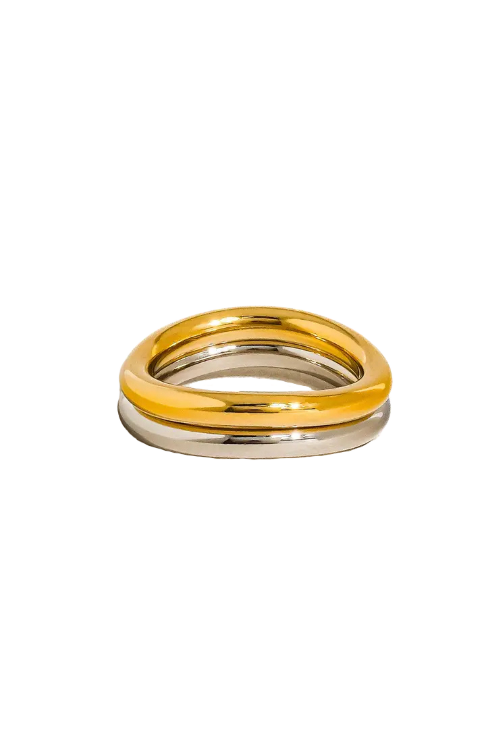 18K gold non-tarnish double two tone ring
18K gold plating stainless steel silver plating
Size 7 measurement: 0.682 Diameter/2.14 Circumference
Lead and Nickel Free
Hypoallergenic
Water Resistant
gold and silver stacked double ring