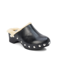 Black leather clog mule with fur lining and silver studs