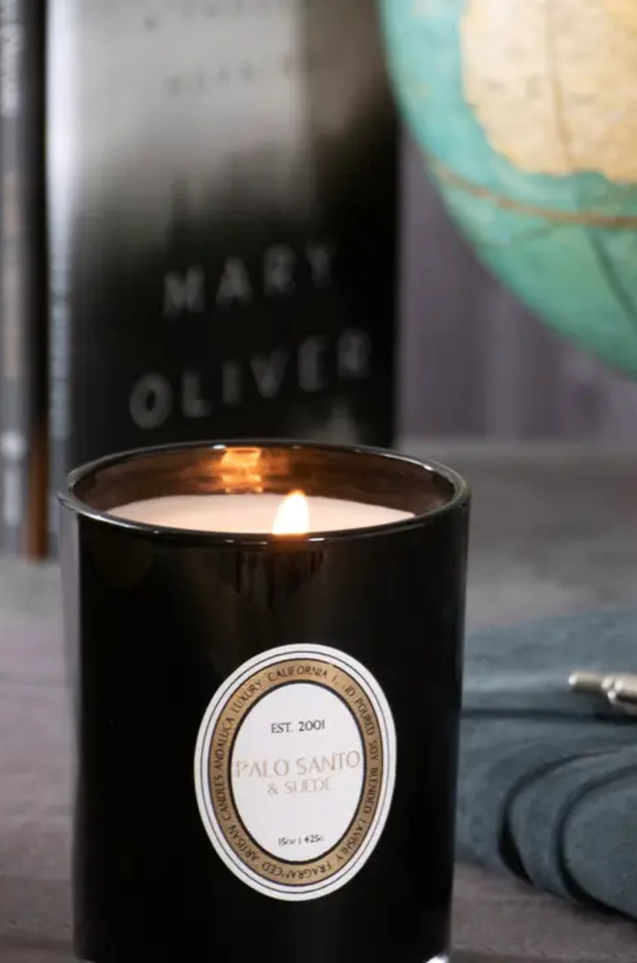 The beautiful fragrance notes of palo santo blend with the smooth and creamy notes of suede
Fragrance notes:
Top: suede, orchid notes, blood orange zest
Middle: palo santo, vanilla
Base: musk, oakwood, amber.
Natural soy blend wax
15 ounces
40+ hour burn&nbsp;