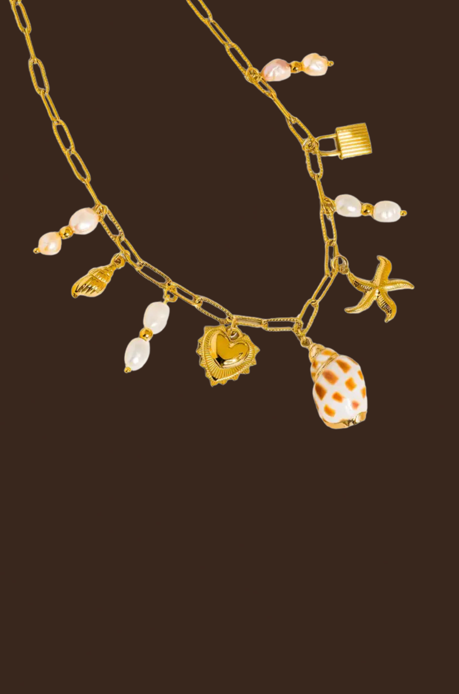 18K Gold Non-Tarnish Shell and Pearl Charm Necklace
18K Gold Plating
Stainless Steel
sea shell charm necklace