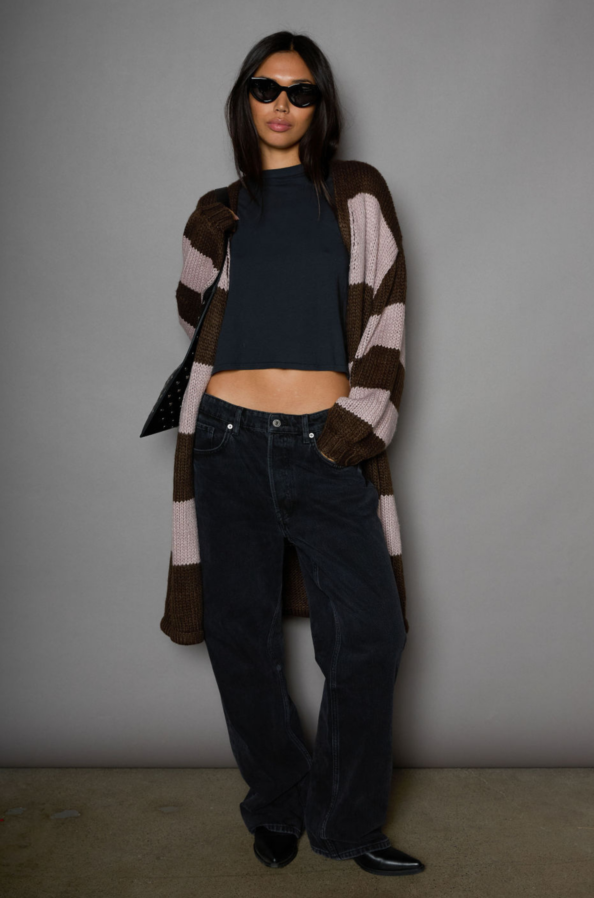 Striped open knit crochet longline cardigan. Long sleeves. Open front. Unlined. striped long knit cardigan. fall outfit. winter outfit. fall cardigan. winter cardigan. layering piece