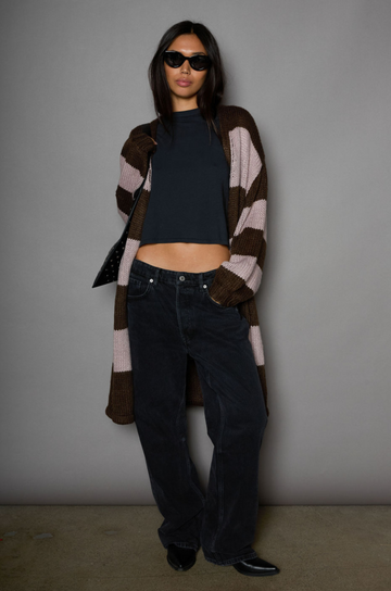 Striped open knit crochet longline cardigan. Long sleeves. Open front. Unlined. striped long knit cardigan. fall outfit. winter outfit. fall cardigan. winter cardigan. layering piece