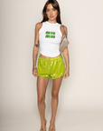 green Sequin mini shorts
Elastic waistband
Lined