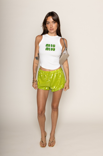 green Sequin mini shorts
Elastic waistband
Lined