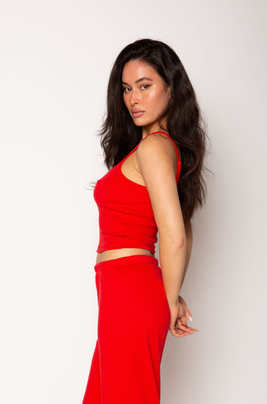 Knit crop tank. Adjustable straps. Built in bra. red cami tank. red lounge tank. red loungewear top. valentines day loungewear
