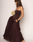 brown Strapless maxi dress
Fully lined bodice in butter soft knit
Flowy midi linen length skirt with pockets
brown wedding guest dress
fall wedding guest dress
